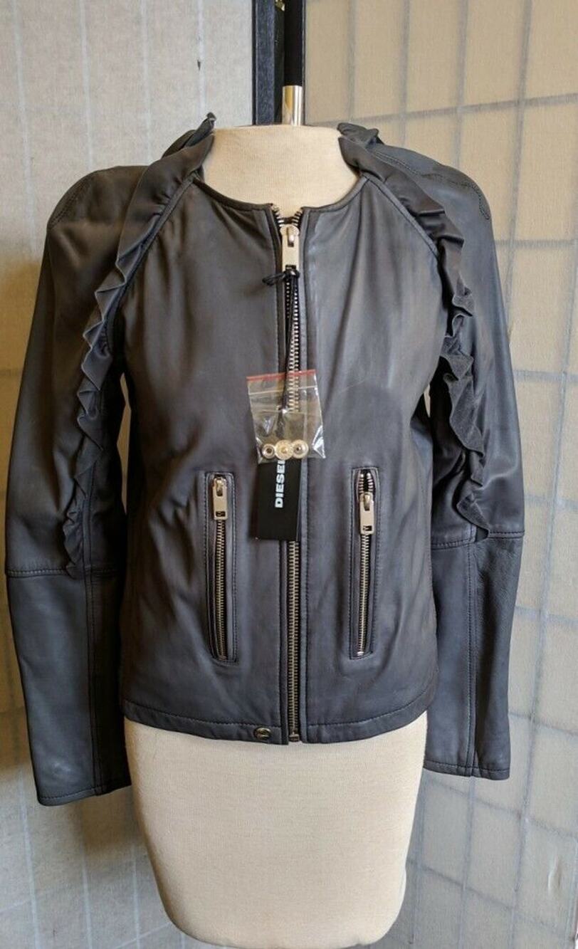 DIESEL Women's LEATHER JACKET Charcoal Gray L’HEZE Ruffle Detail NWT - Picture 1 of 10
